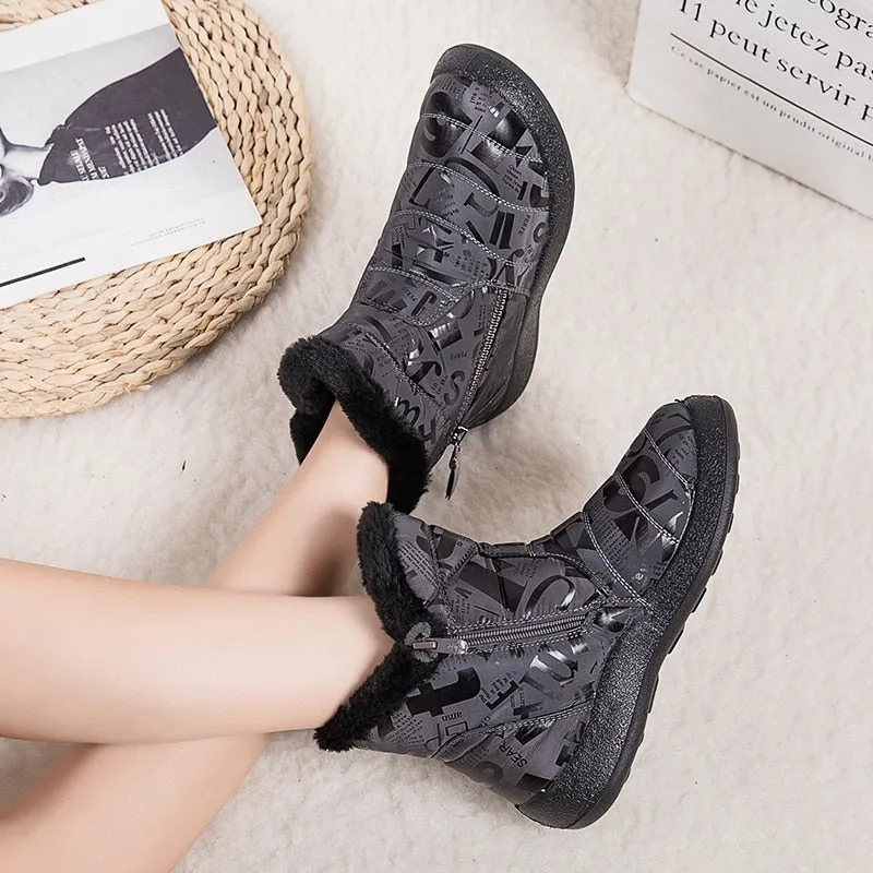 Gray Warm Plush Zipper Round Toe Waterproof Ankle Boots for Women