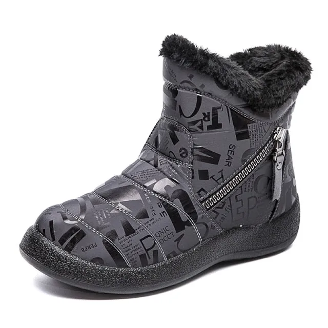 Gray Warm Plush Zipper Round Toe Waterproof Ankle Boots for Women