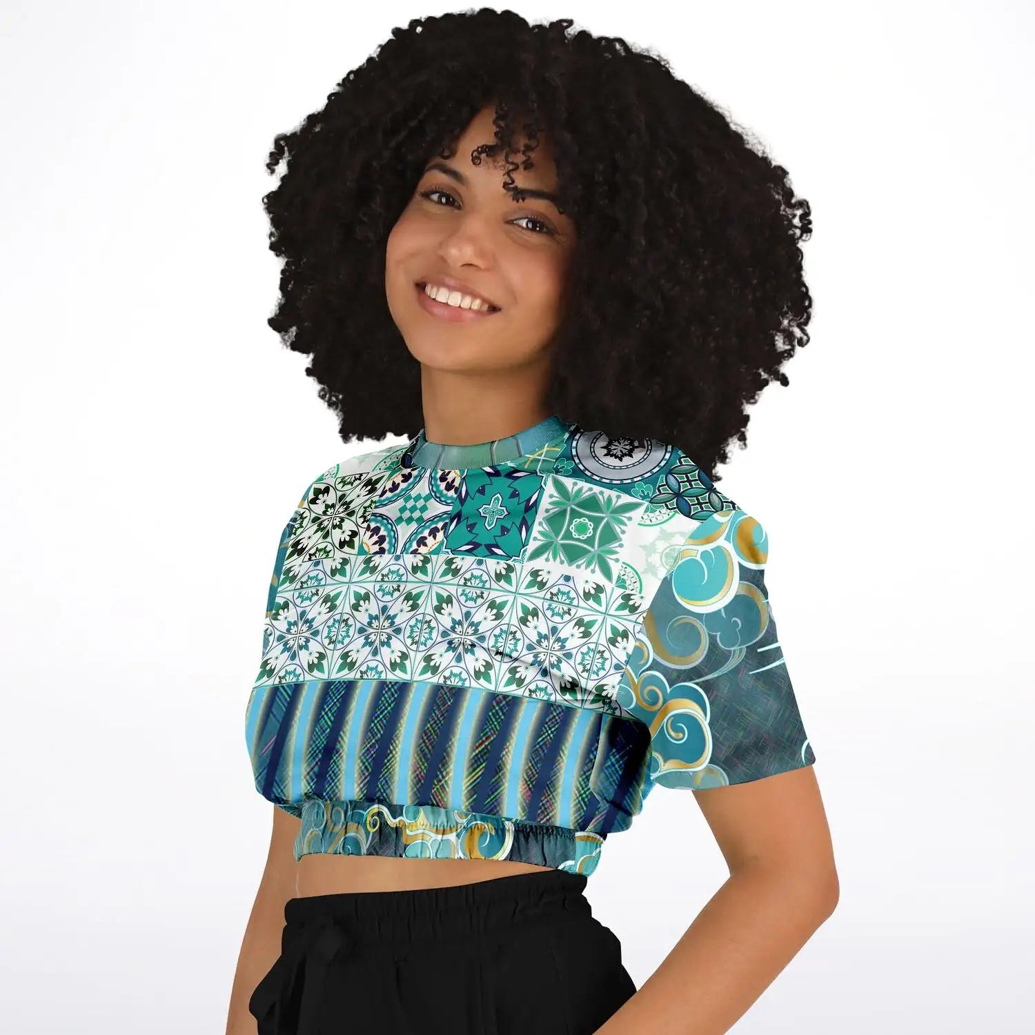 Green Meknes Short Sleeve Cropped Eco-Poly Sweater