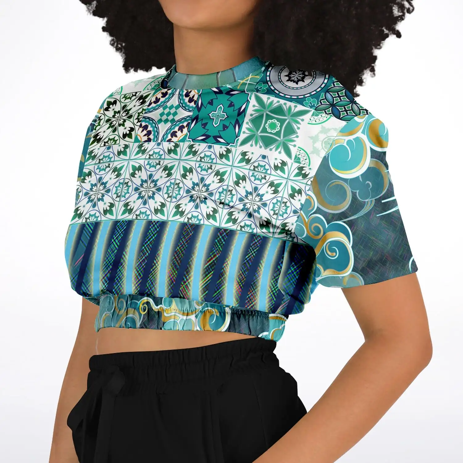 Green Meknes Short Sleeve Cropped Eco-Poly Sweater