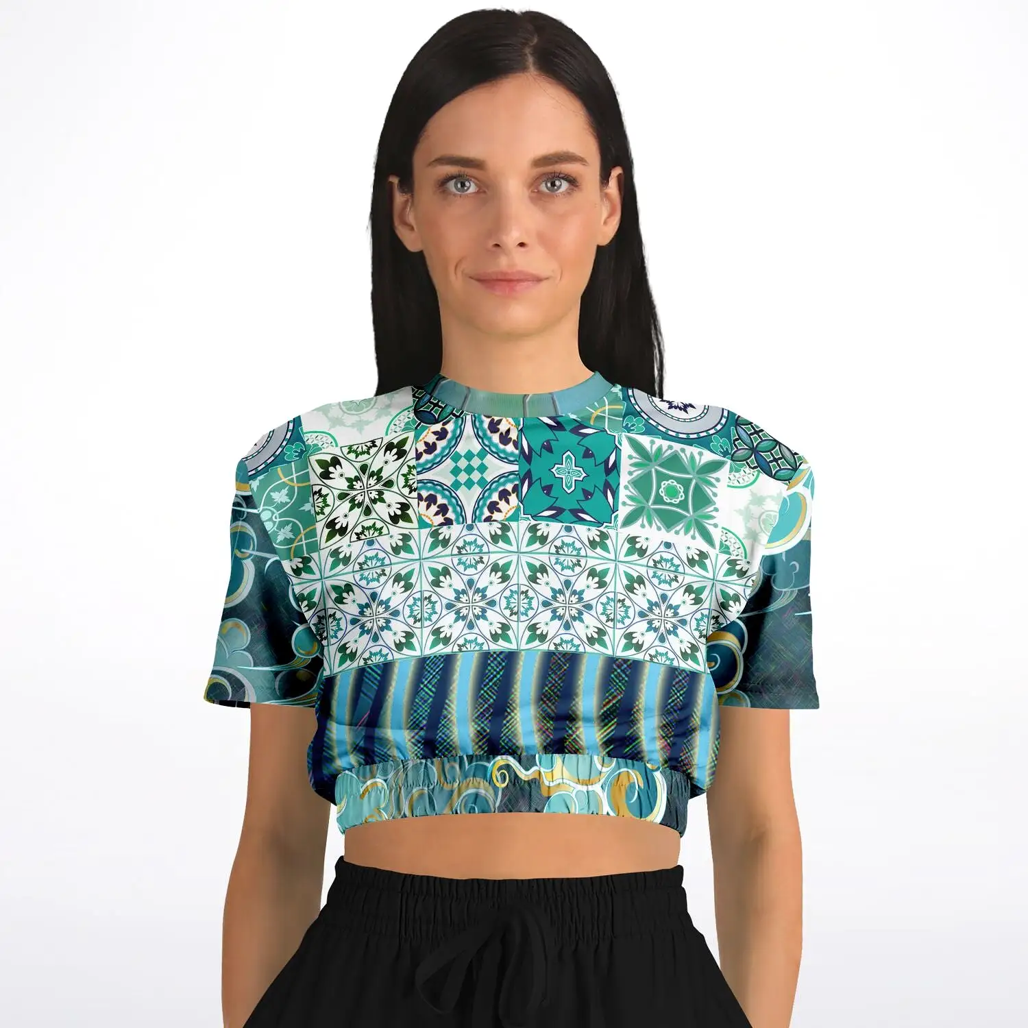 Green Meknes Short Sleeve Cropped Eco-Poly Sweater