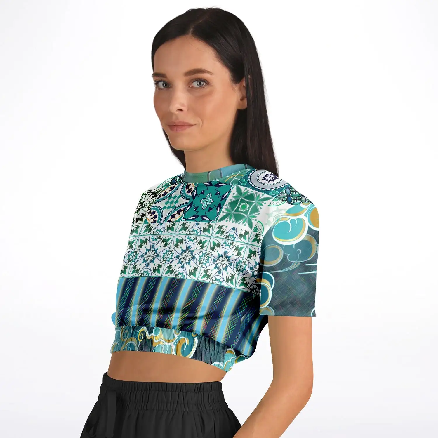 Green Meknes Short Sleeve Cropped Eco-Poly Sweater