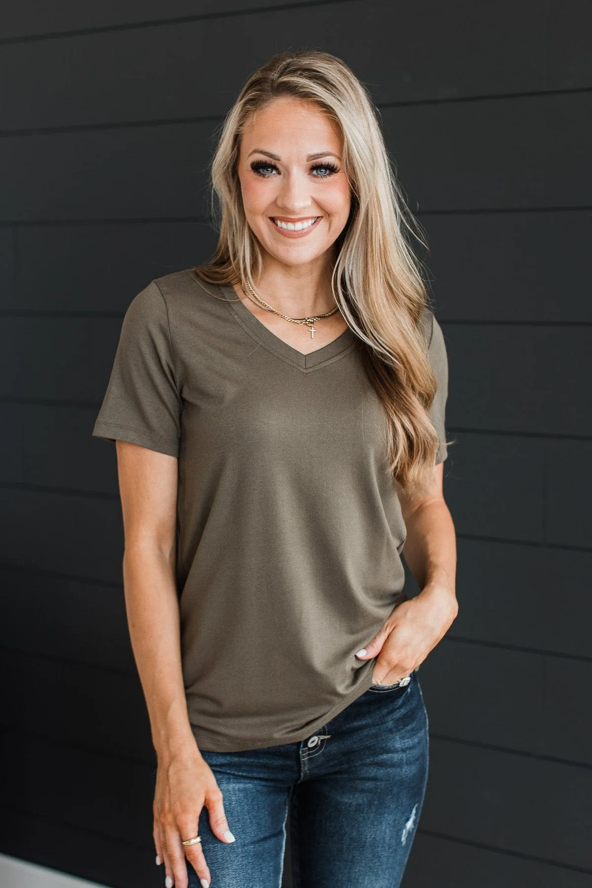 Hello Lovely V-Neck Top- Olive