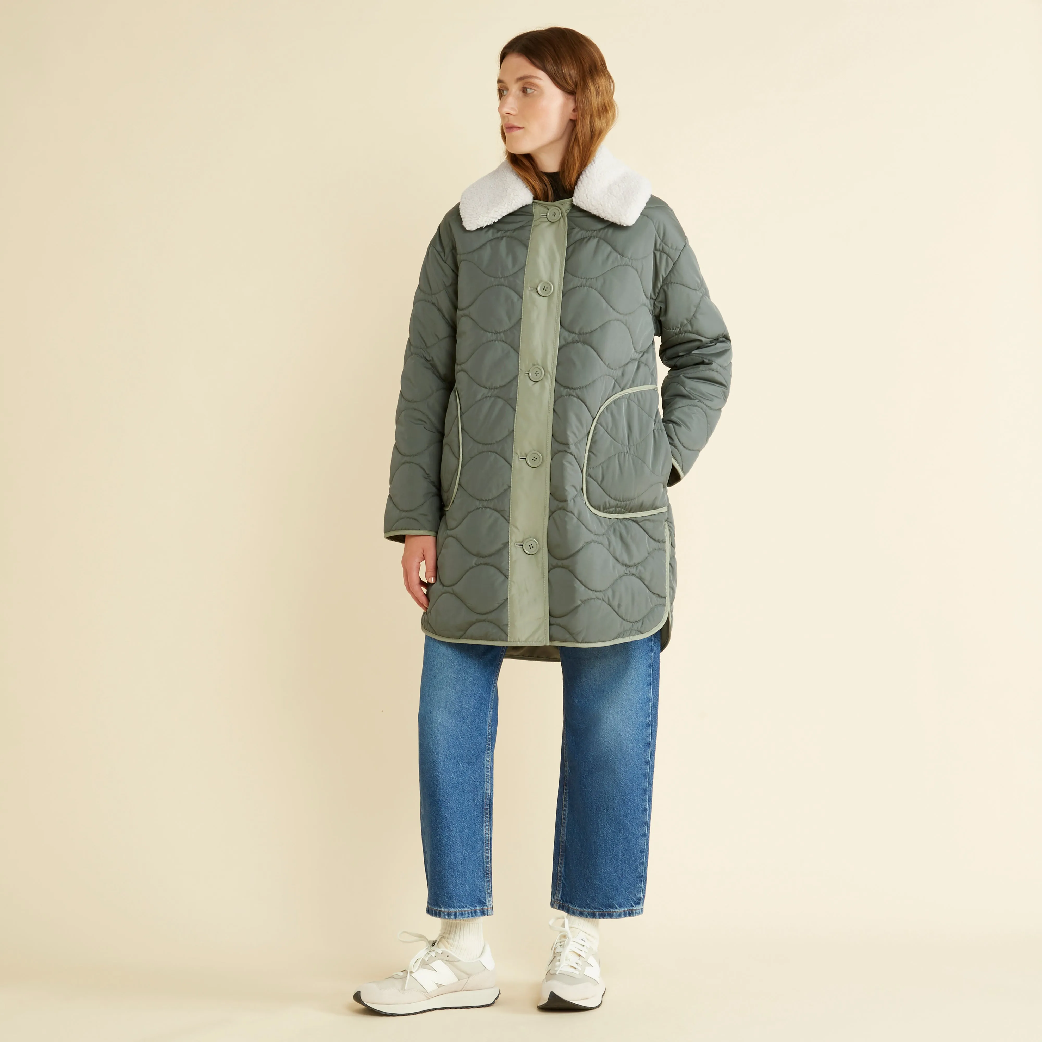 Khaki Contrast Quilted Coat