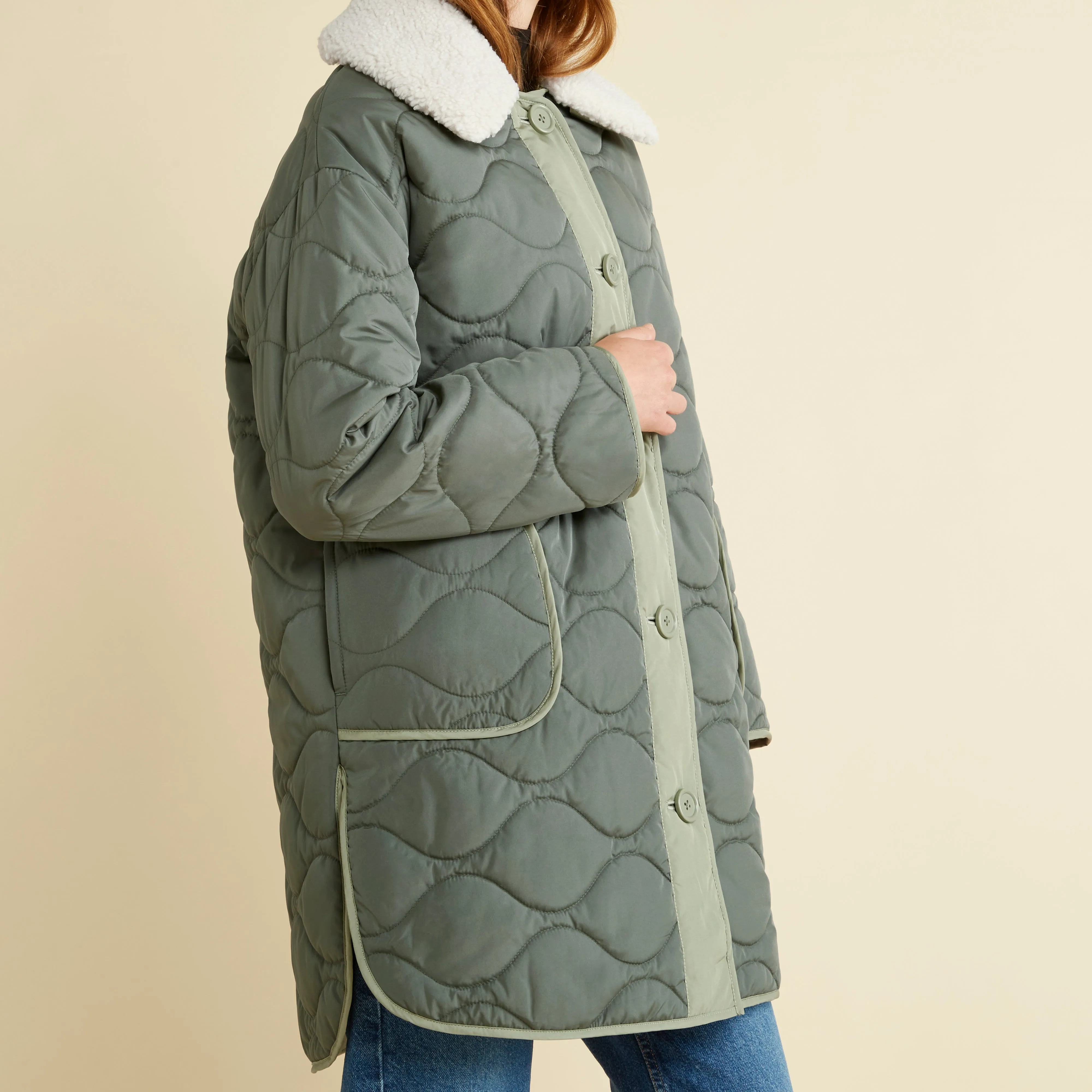 Khaki Contrast Quilted Coat