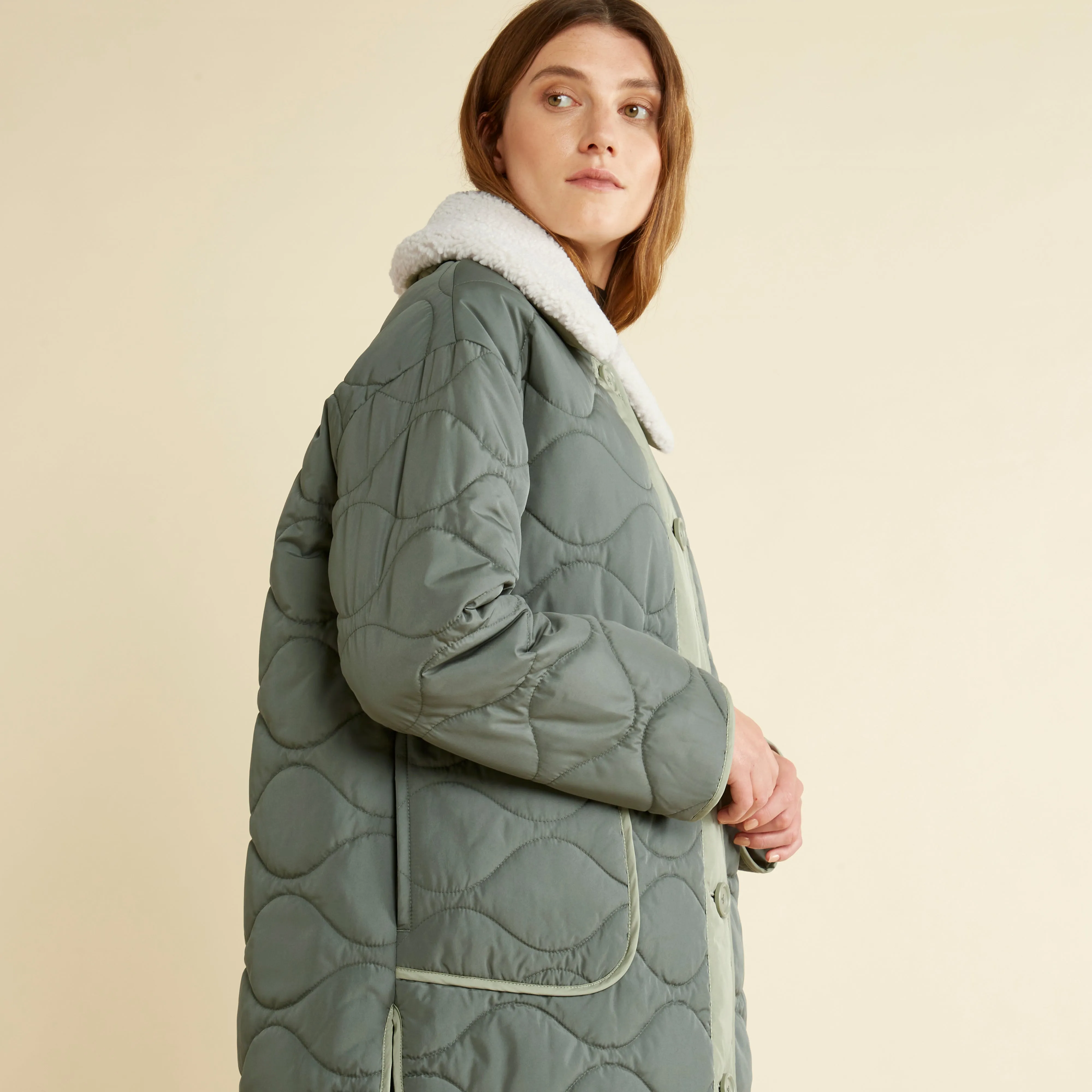 Khaki Contrast Quilted Coat