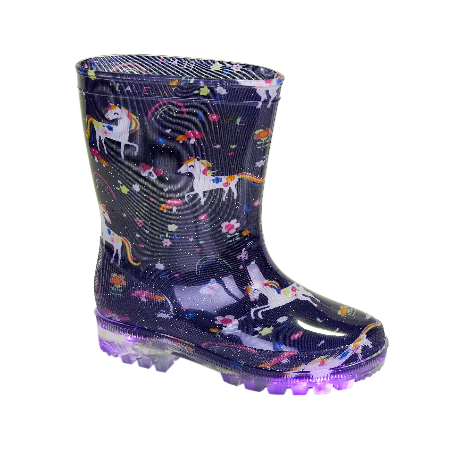 Kids Wellington Welly Boots Mystic Navy Light Up Unicorn Girls 8-2