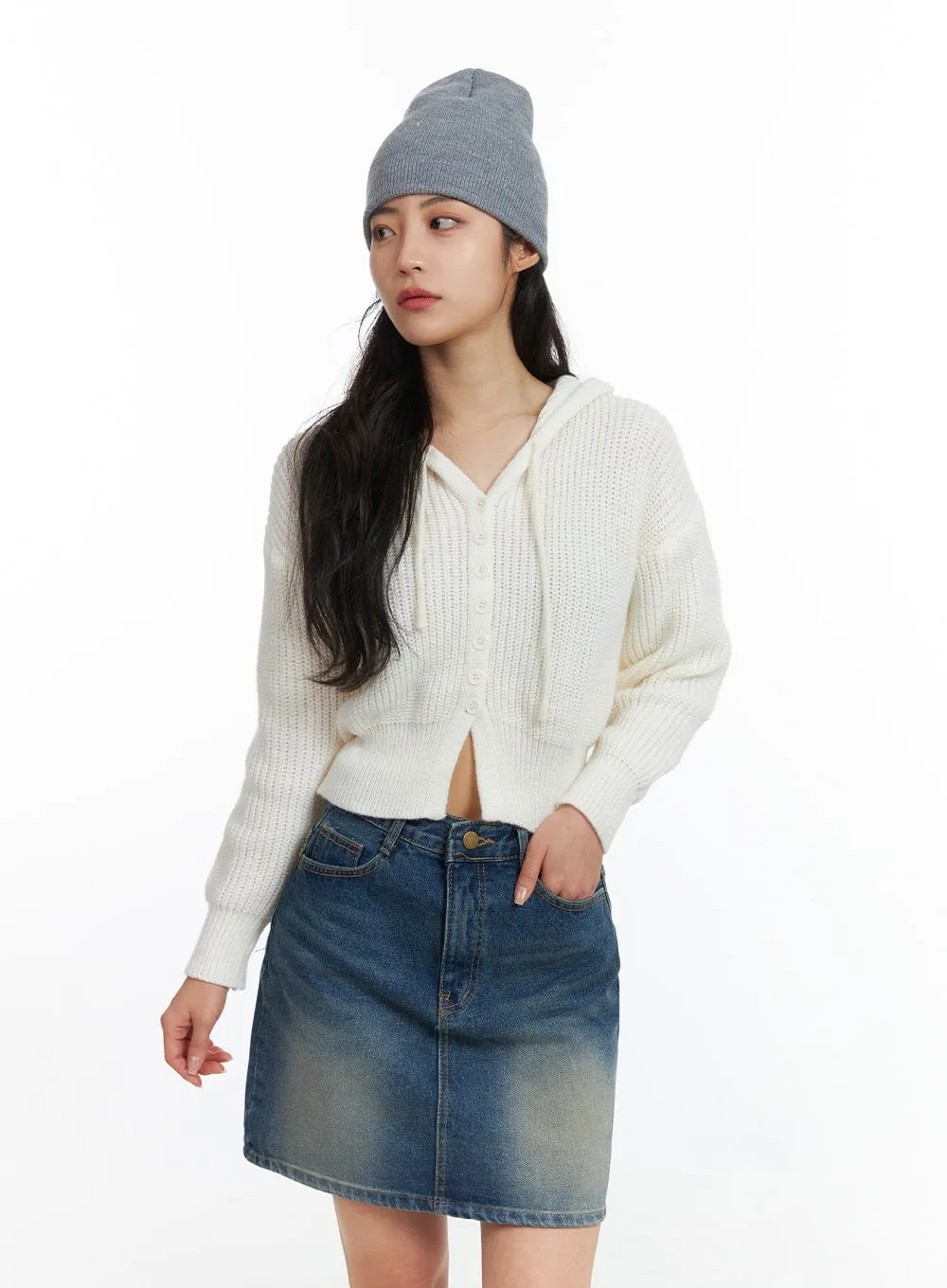 Knit Button Crop Hoodie OJ429