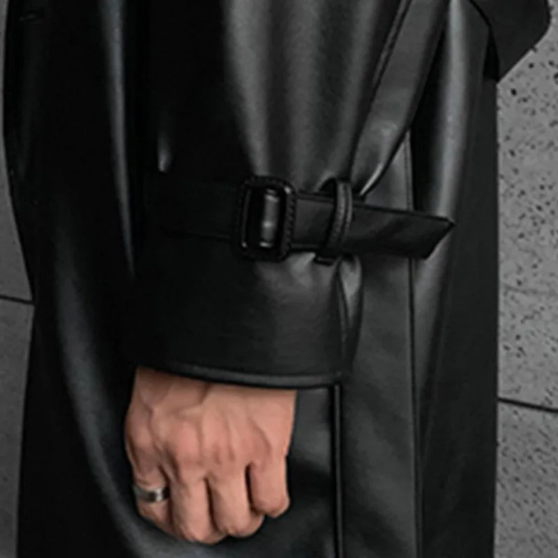 Long Black Faux Leather Trench Coat Drop Shoulder Belt