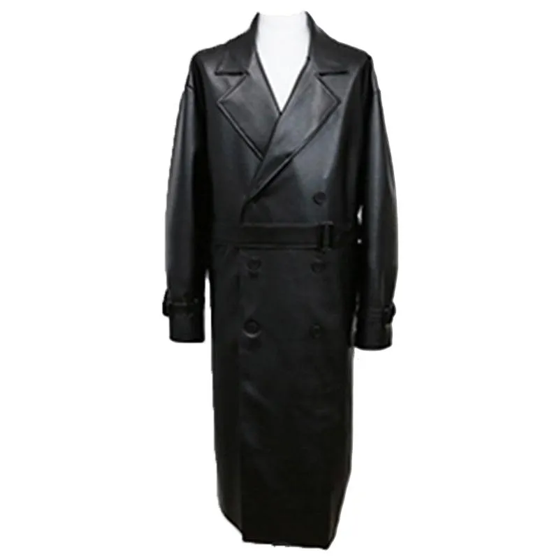 Long Black Faux Leather Trench Coat Drop Shoulder Belt