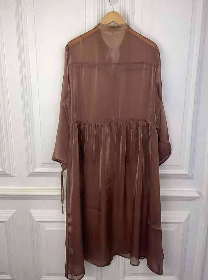 Malissa J Satin Pocket Sheer Shirt Dress - Bronze