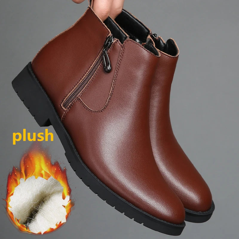 Men's Winter Fashion Leather Round Toe Zipper Warm Fur Ankle Snow Boots