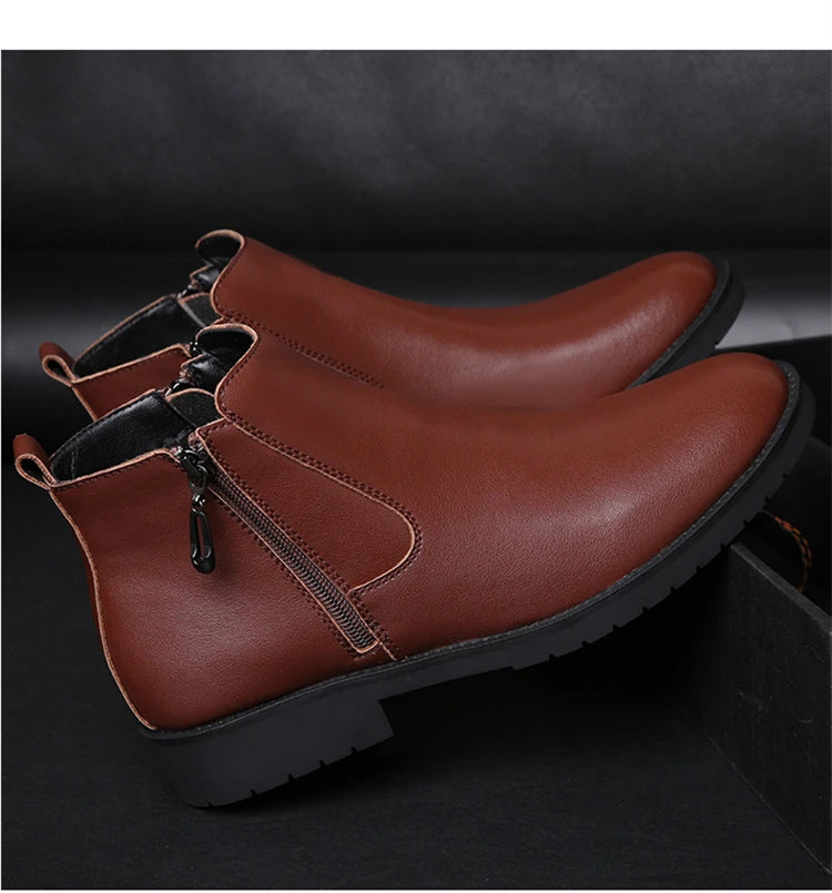 Men's Winter Fashion Leather Round Toe Zipper Warm Fur Ankle Snow Boots