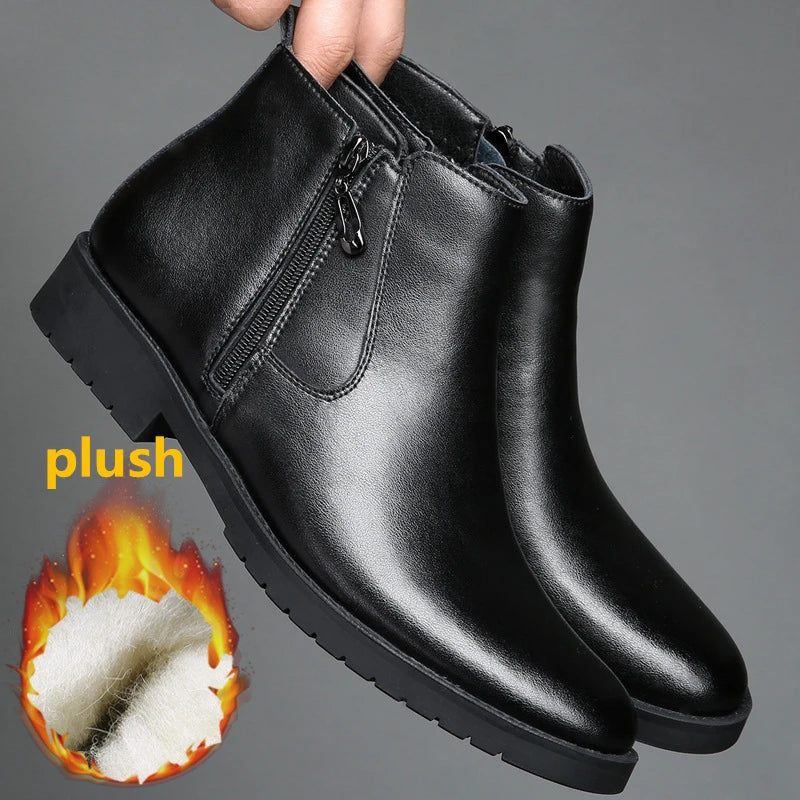 Men's Winter Fashion Leather Round Toe Zipper Warm Fur Ankle Snow Boots