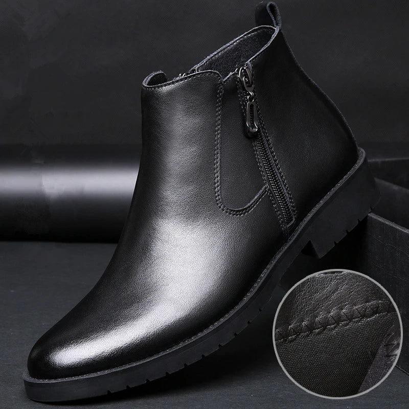 Men's Winter Fashion Leather Round Toe Zipper Warm Fur Ankle Snow Boots