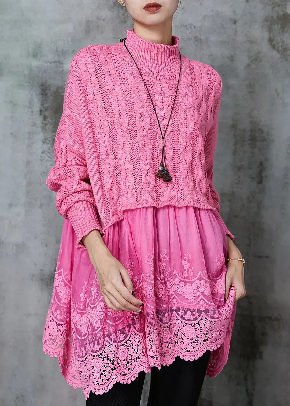 Modern Pink Oversized Patchwork Knit Long Sweater Spring JK1068