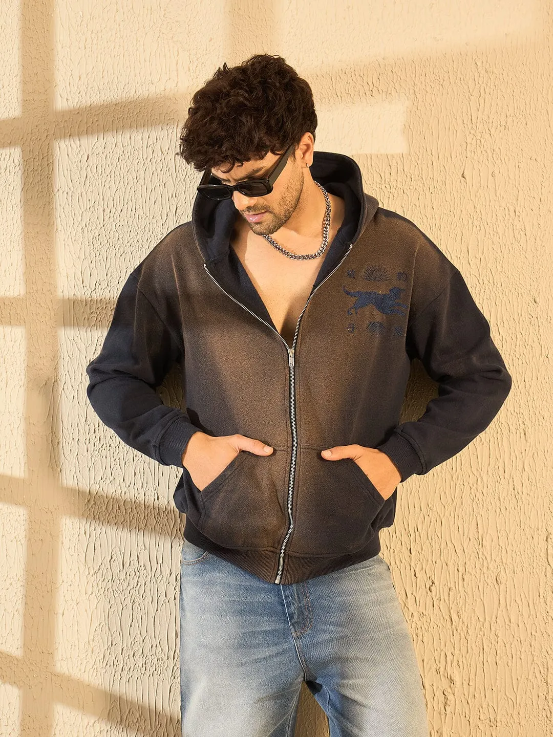 Navy Bleach Spray Oversized Zipped Hoodie