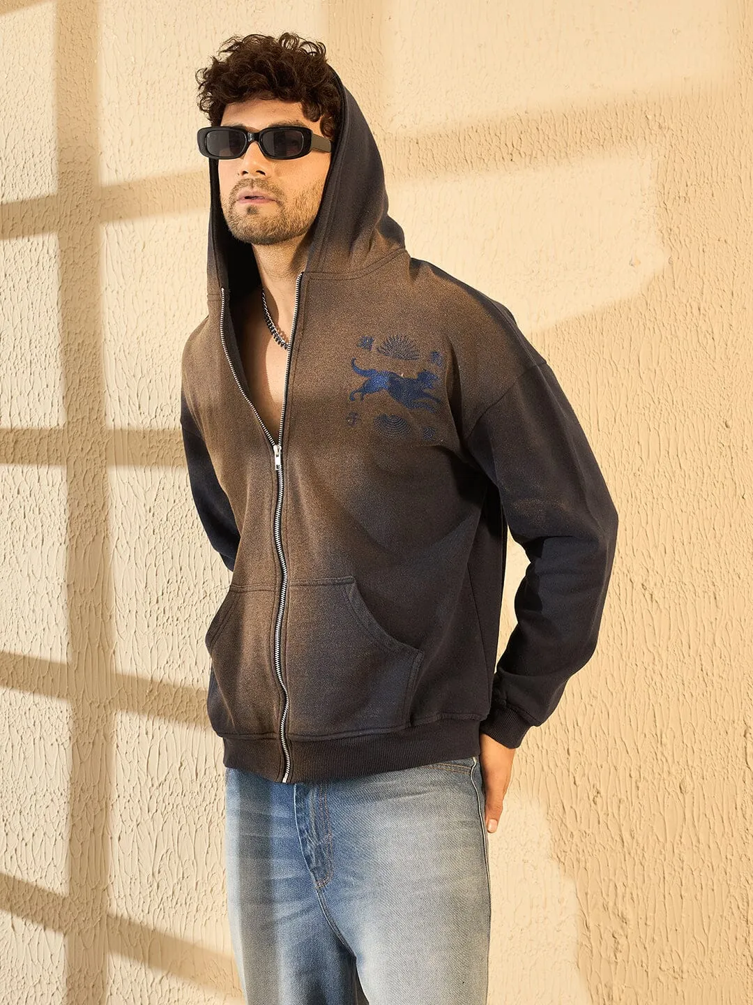 Navy Bleach Spray Oversized Zipped Hoodie