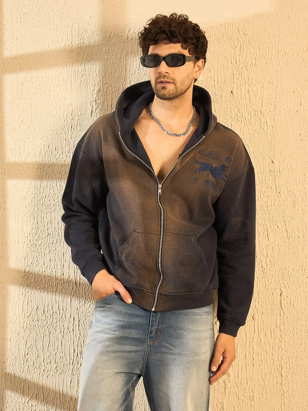 Navy Bleach Spray Oversized Zipped Hoodie