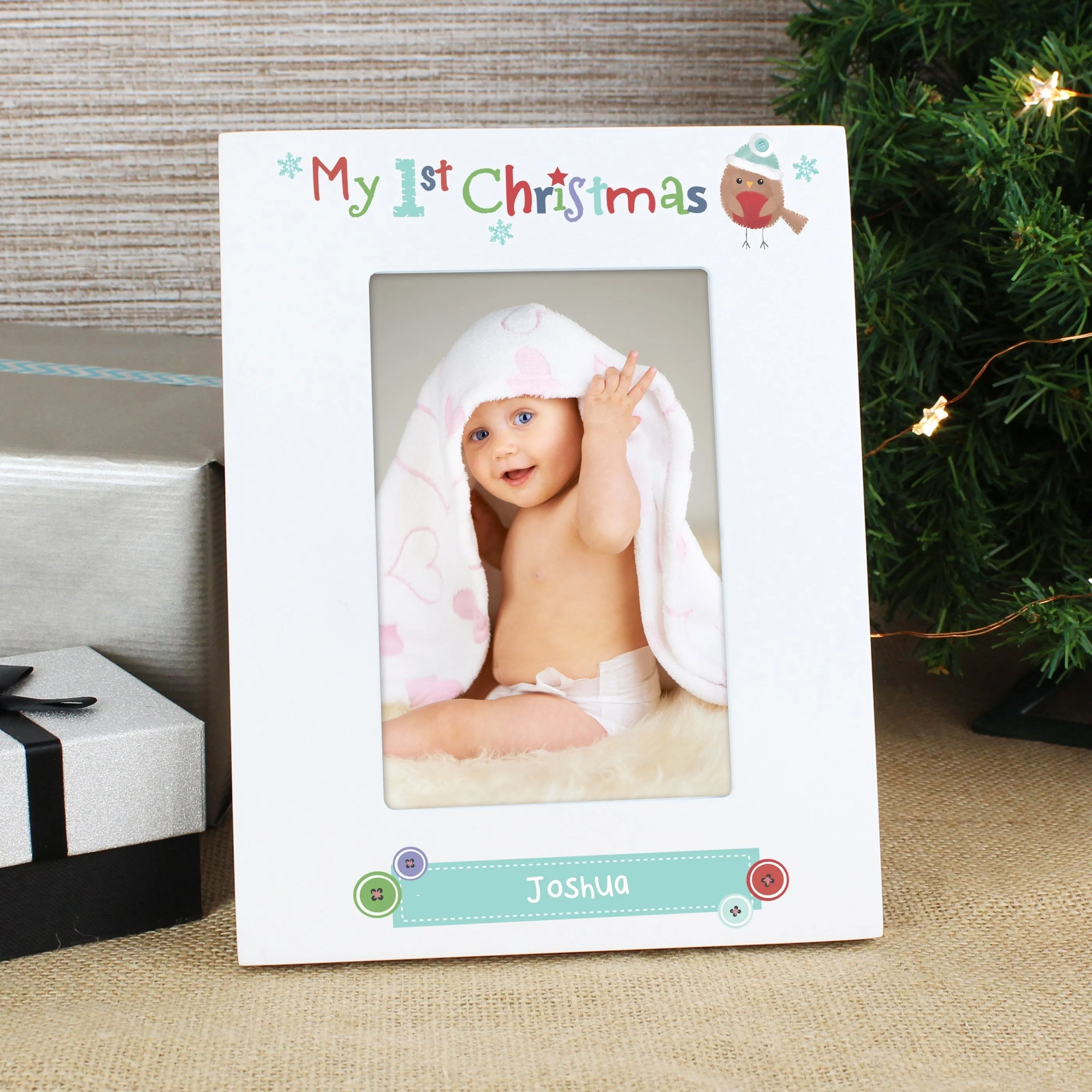 Personalised Felt Stitch Robin My 1st Christmas 4x6 White Wooden Photo Frame