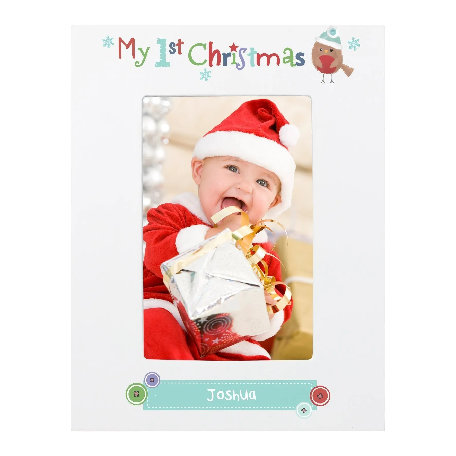 Personalised Felt Stitch Robin My 1st Christmas 4x6 White Wooden Photo Frame