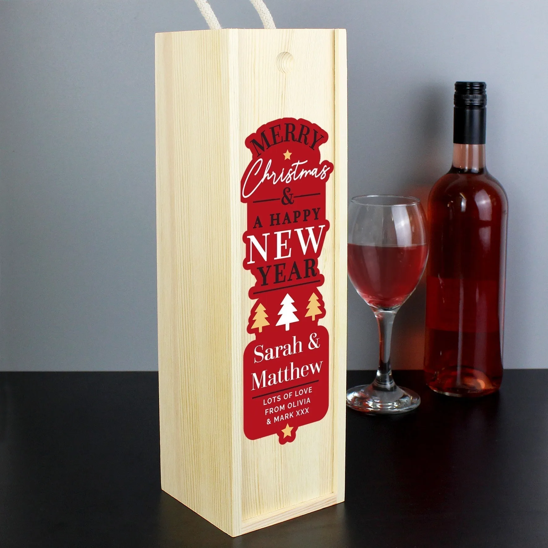 Personalised Merry Christmas & A Happy New Year Wooden Bottle Box