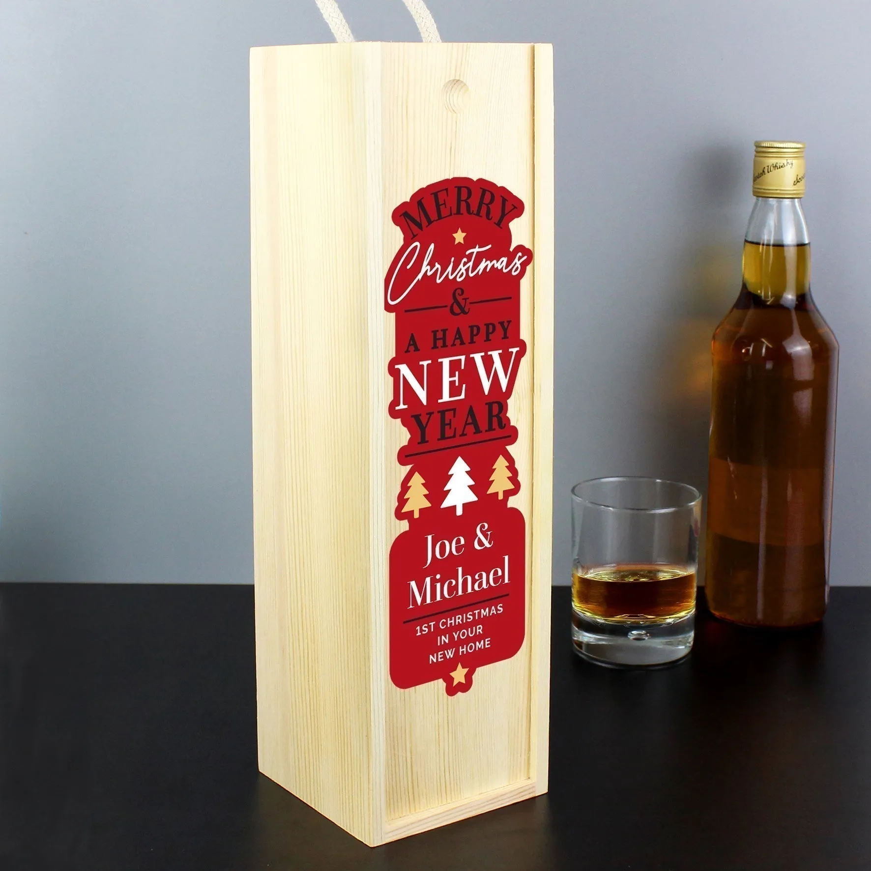 Personalised Merry Christmas & A Happy New Year Wooden Bottle Box