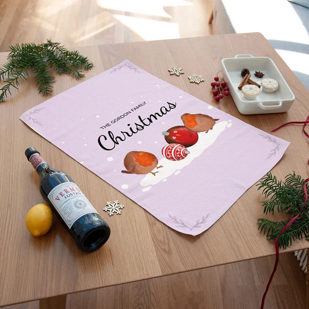 Personalised Robin Baubles Tea Towel