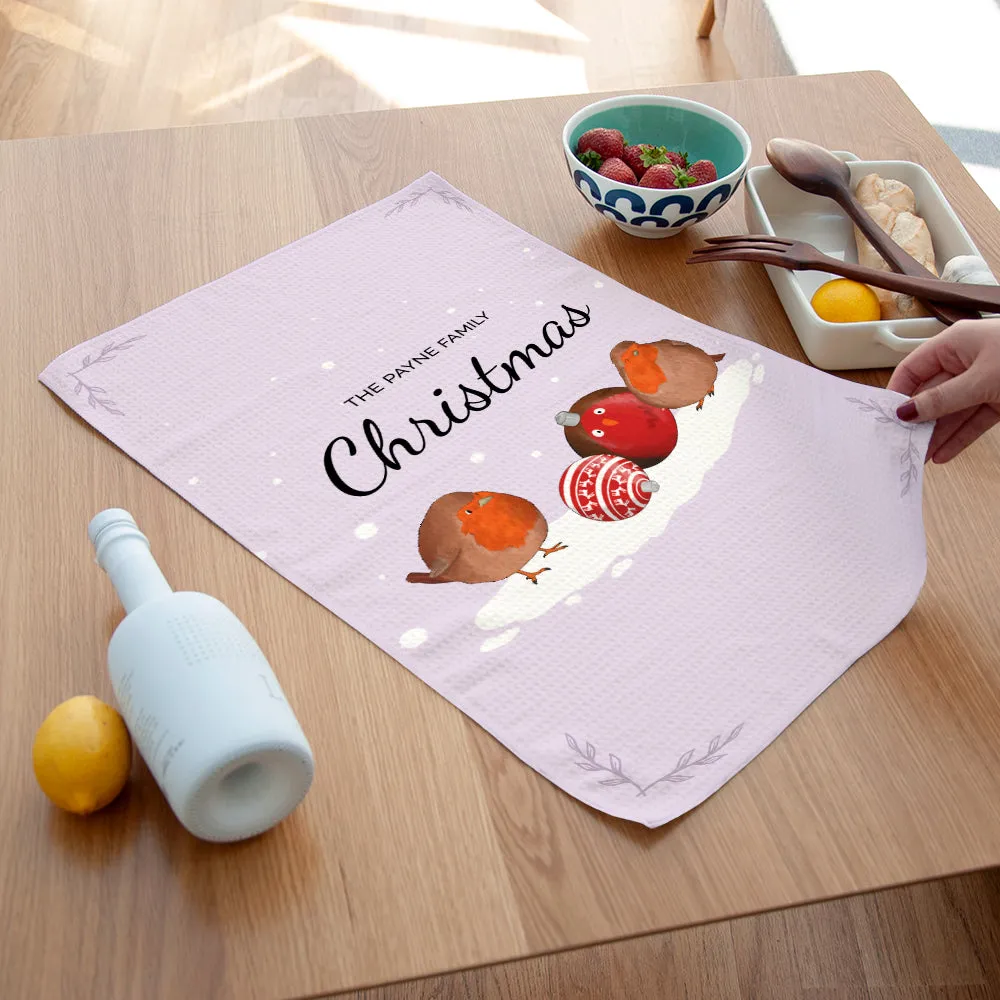 Personalised Robin Baubles Tea Towel