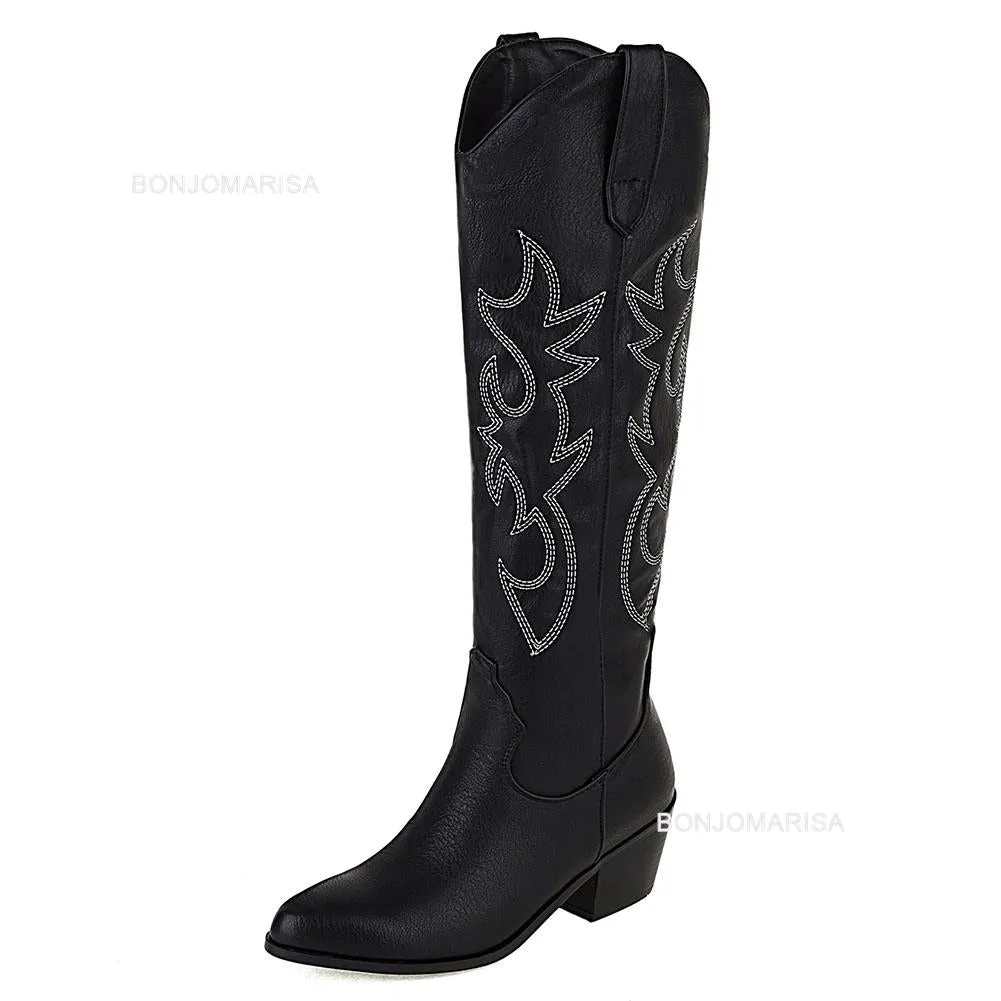 Plus Size 45 Women's Embroidered Western Knee High Boots Cowboy Cowgirl Boots Chunky Heel Platform Boots Women Western Shoes