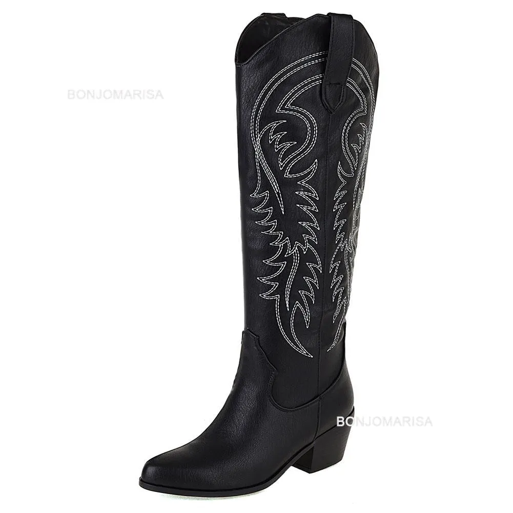 Plus Size 45 Women's Embroidered Western Knee High Boots Cowboy Cowgirl Boots Chunky Heel Platform Boots Women Western Shoes