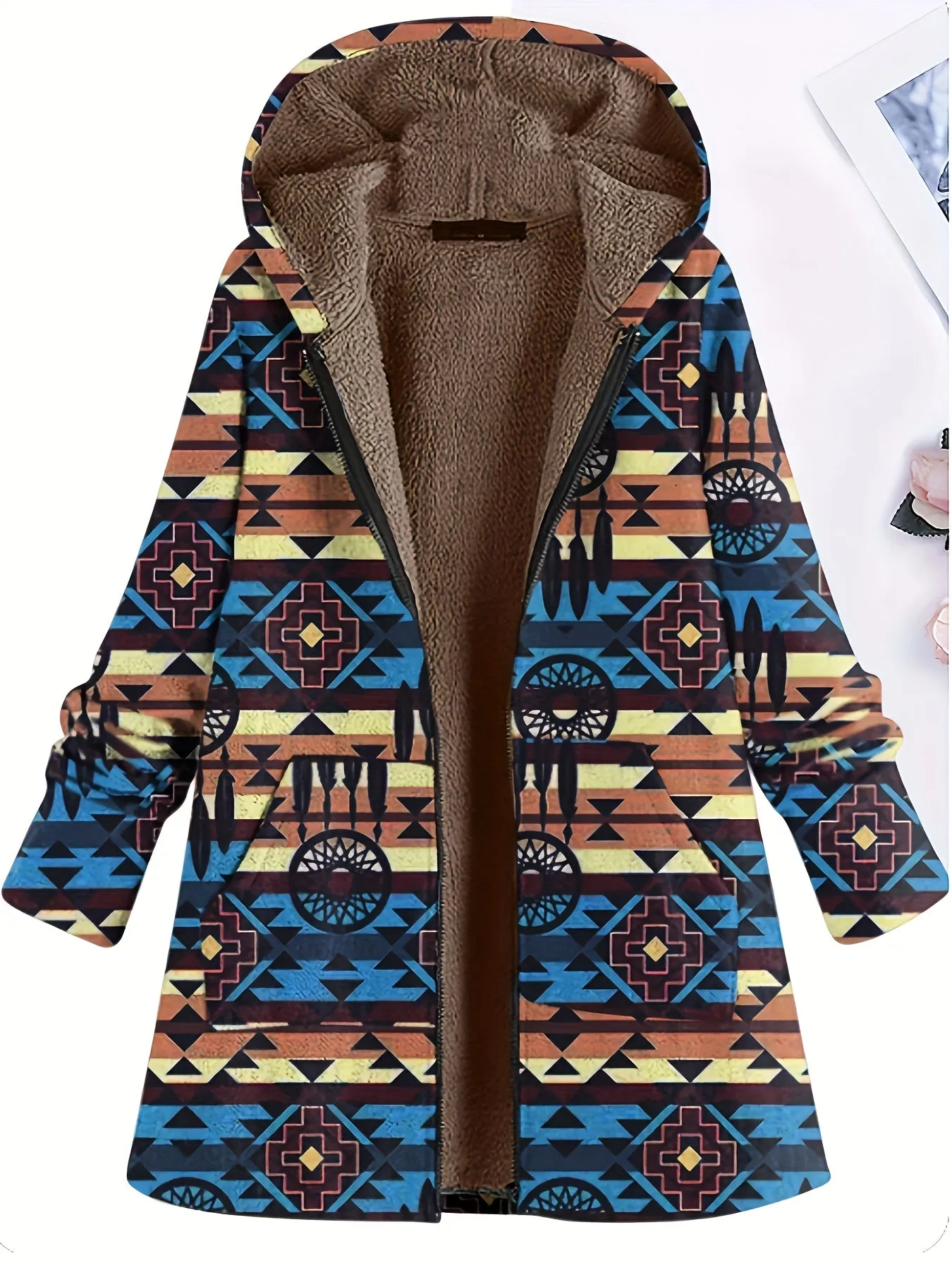 Plus Size southwest design Coat, Women's Plus Native American Print Liner Fleece Long Sleeve Hooded Zipper Coat