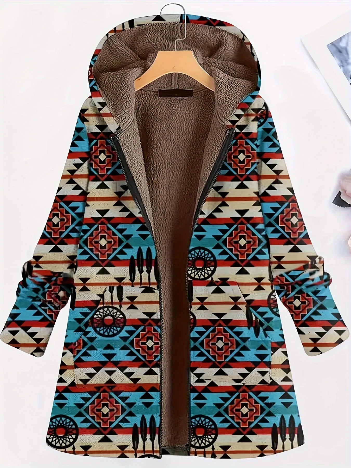 Plus Size southwest design Coat, Women's Plus Native American Print Liner Fleece Long Sleeve Hooded Zipper Coat