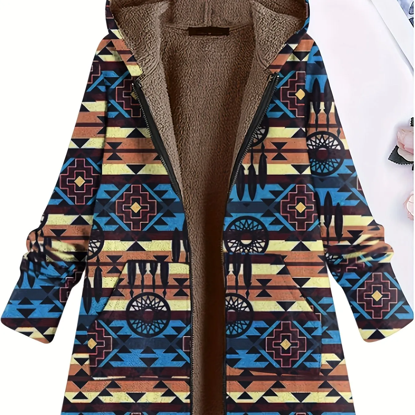 Plus Size southwest design Coat, Women's Plus Native American Print Liner Fleece Long Sleeve Hooded Zipper Coat