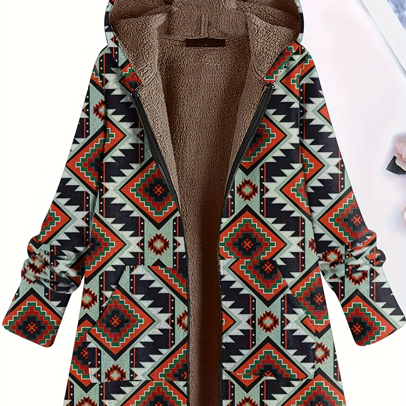 Plus Size southwest design Coat, Women's Plus Native American Print Liner Fleece Long Sleeve Hooded Zipper Coat