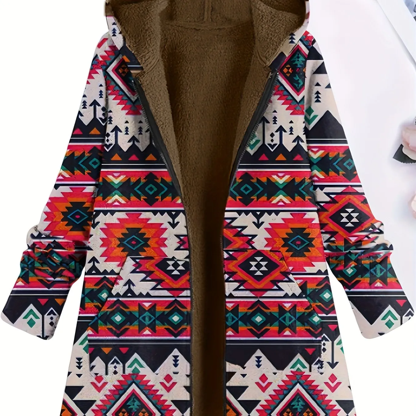 Plus Size southwest design Coat, Women's Plus Native American Print Liner Fleece Long Sleeve Hooded Zipper Coat