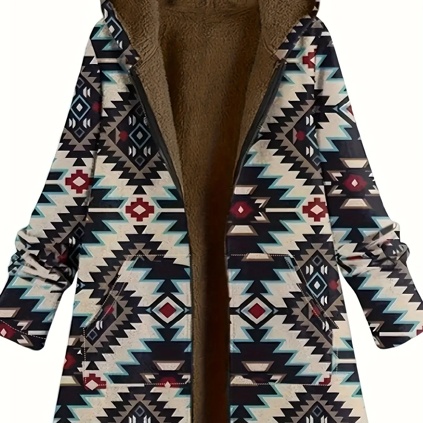 Plus Size southwest design Coat, Women's Plus Native American Print Liner Fleece Long Sleeve Hooded Zipper Coat