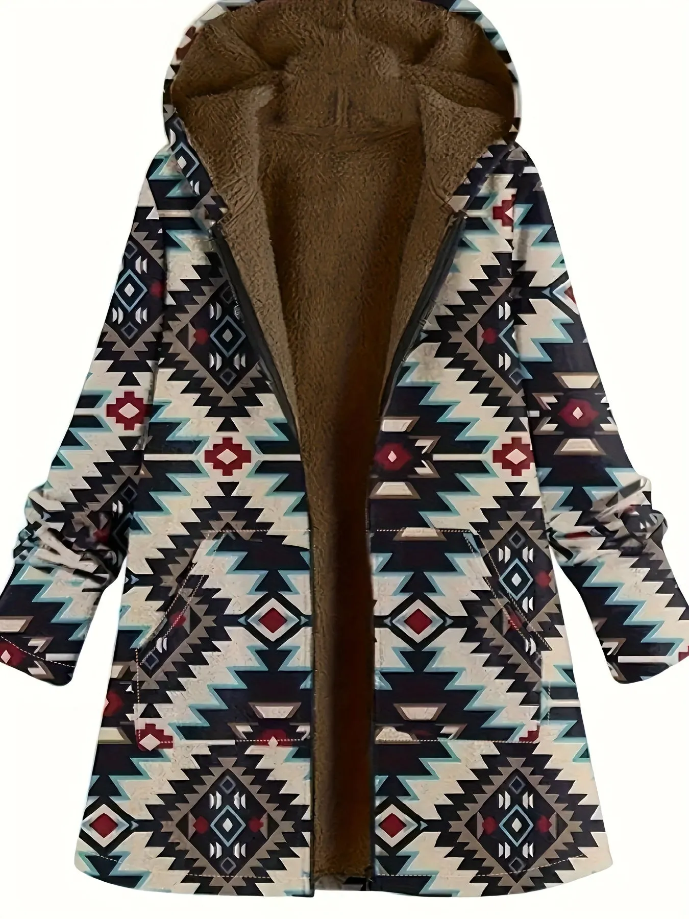 Plus Size southwest design Coat, Women's Plus Native American Print Liner Fleece Long Sleeve Hooded Zipper Coat