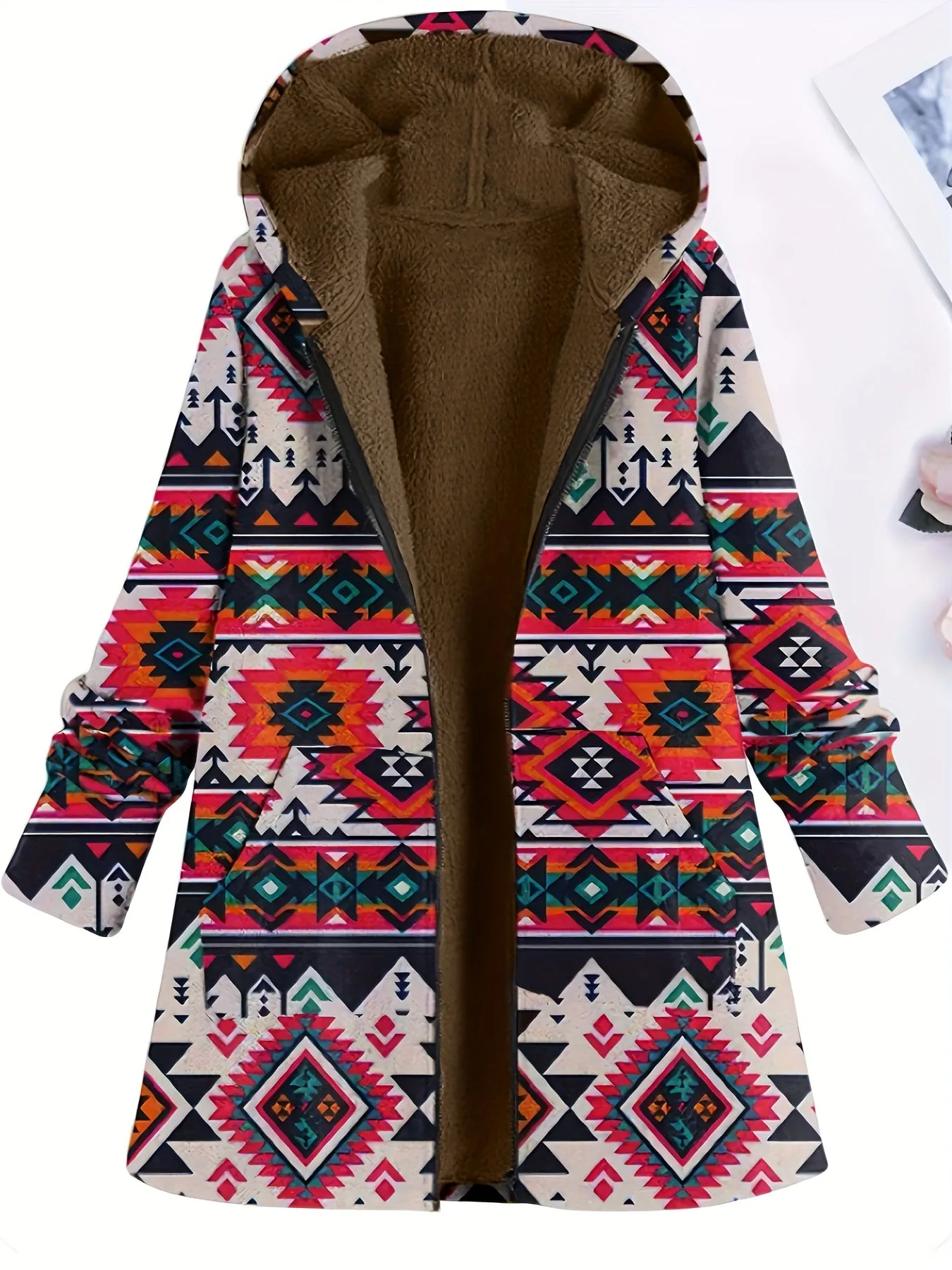 Plus Size southwest design Coat, Women's Plus Native American Print Liner Fleece Long Sleeve Hooded Zipper Coat