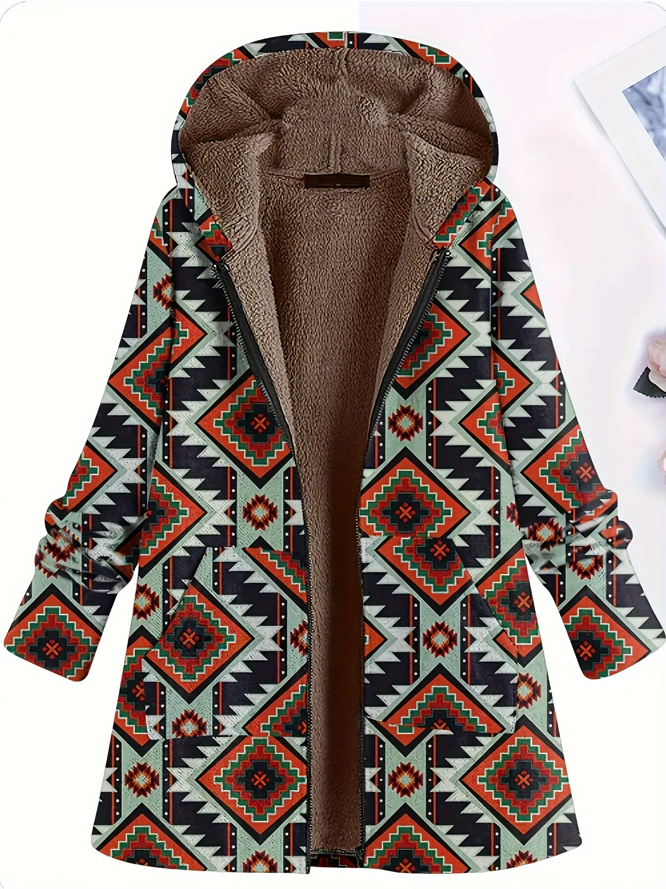 Plus Size southwest design Coat, Women's Plus Native American Print Liner Fleece Long Sleeve Hooded Zipper Coat