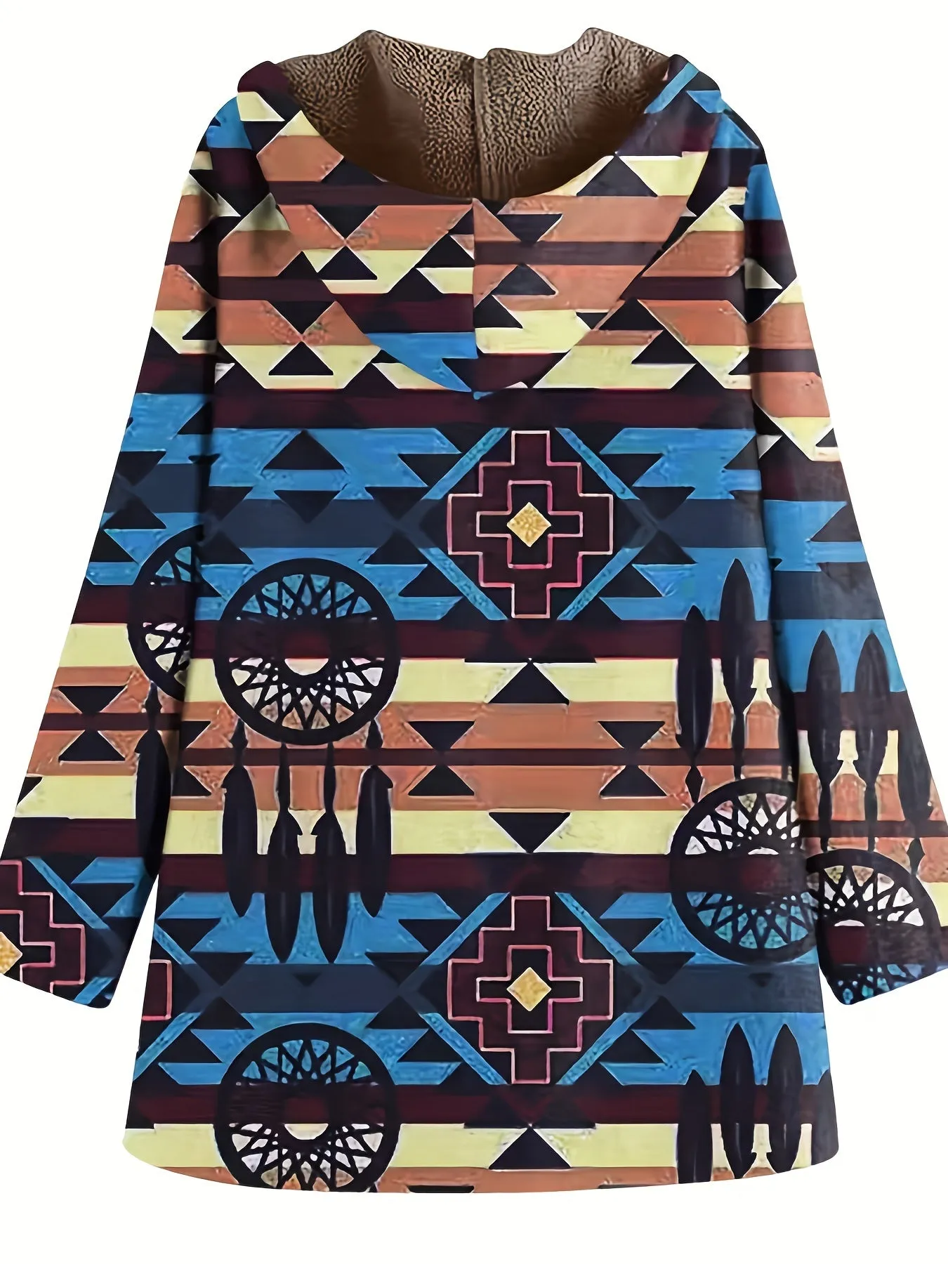 Plus Size southwest design Coat, Women's Plus Native American Print Liner Fleece Long Sleeve Hooded Zipper Coat