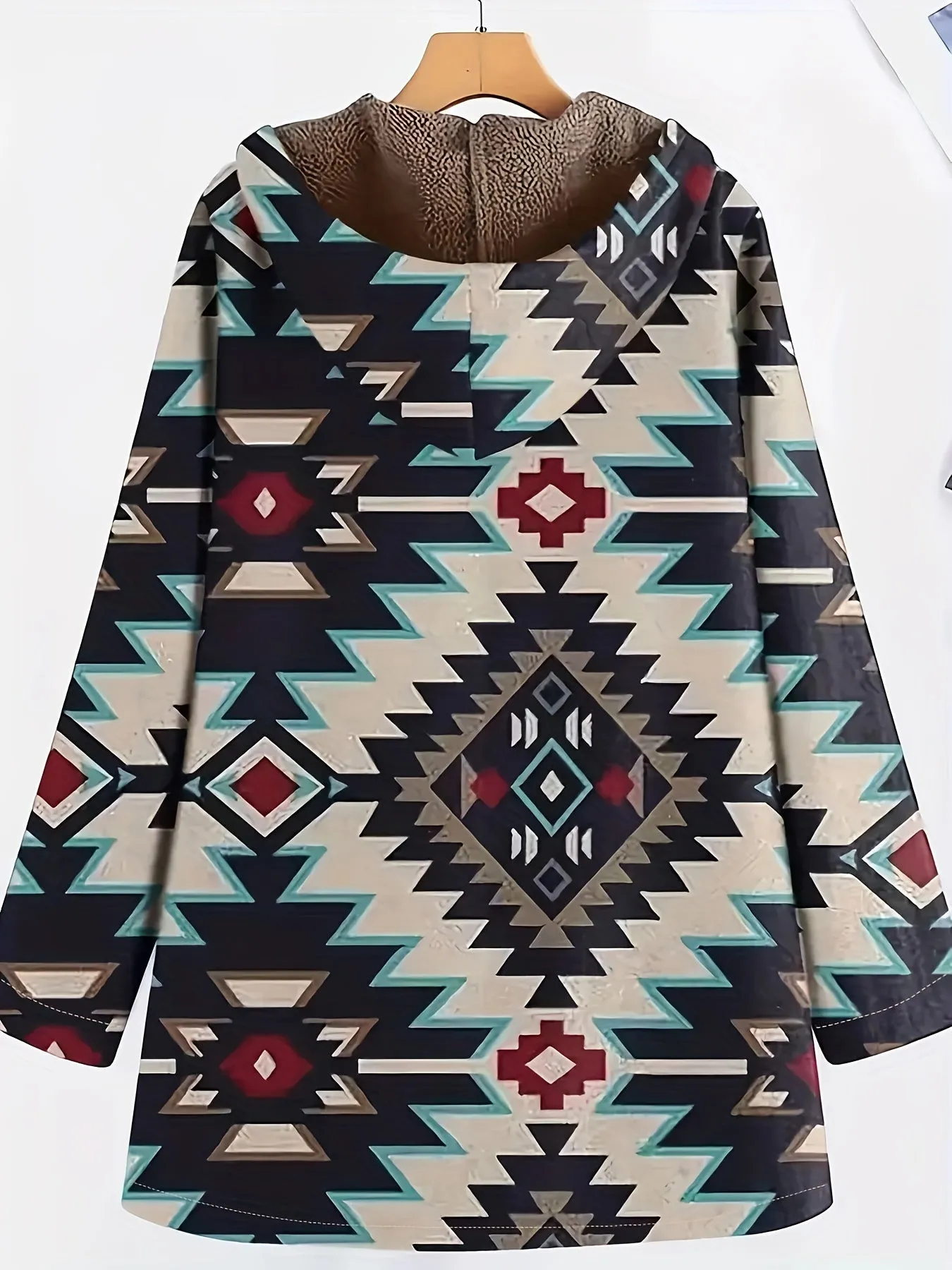 Plus Size southwest design Coat, Women's Plus Native American Print Liner Fleece Long Sleeve Hooded Zipper Coat