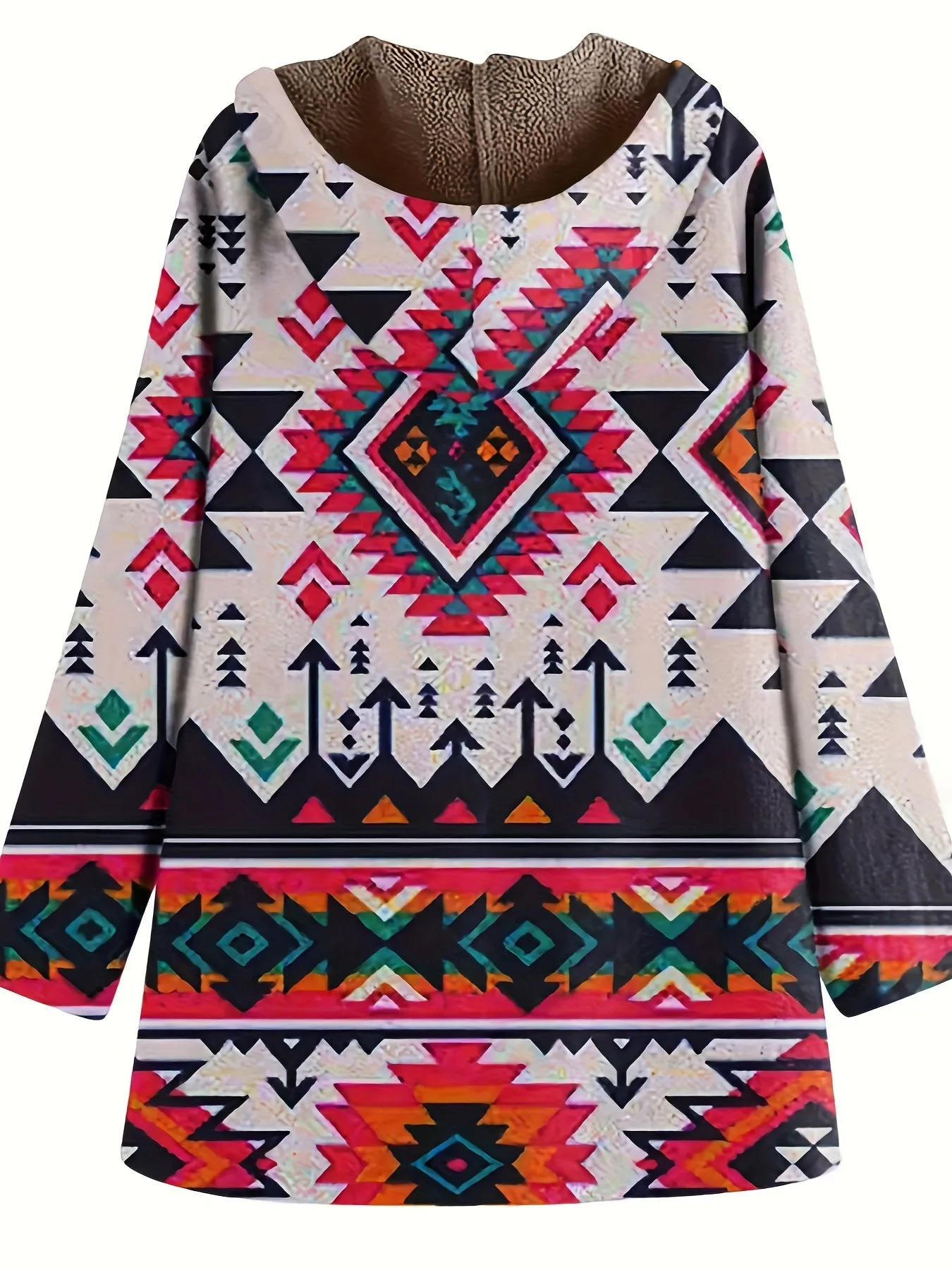 Plus Size southwest design Coat, Women's Plus Native American Print Liner Fleece Long Sleeve Hooded Zipper Coat