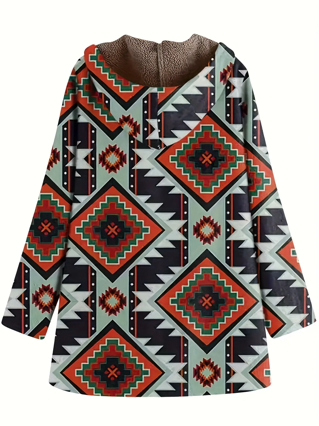 Plus Size southwest design Coat, Women's Plus Native American Print Liner Fleece Long Sleeve Hooded Zipper Coat