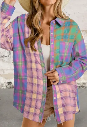 Purple Long Sleeve Gradient Plaid Raw Hem Shirt