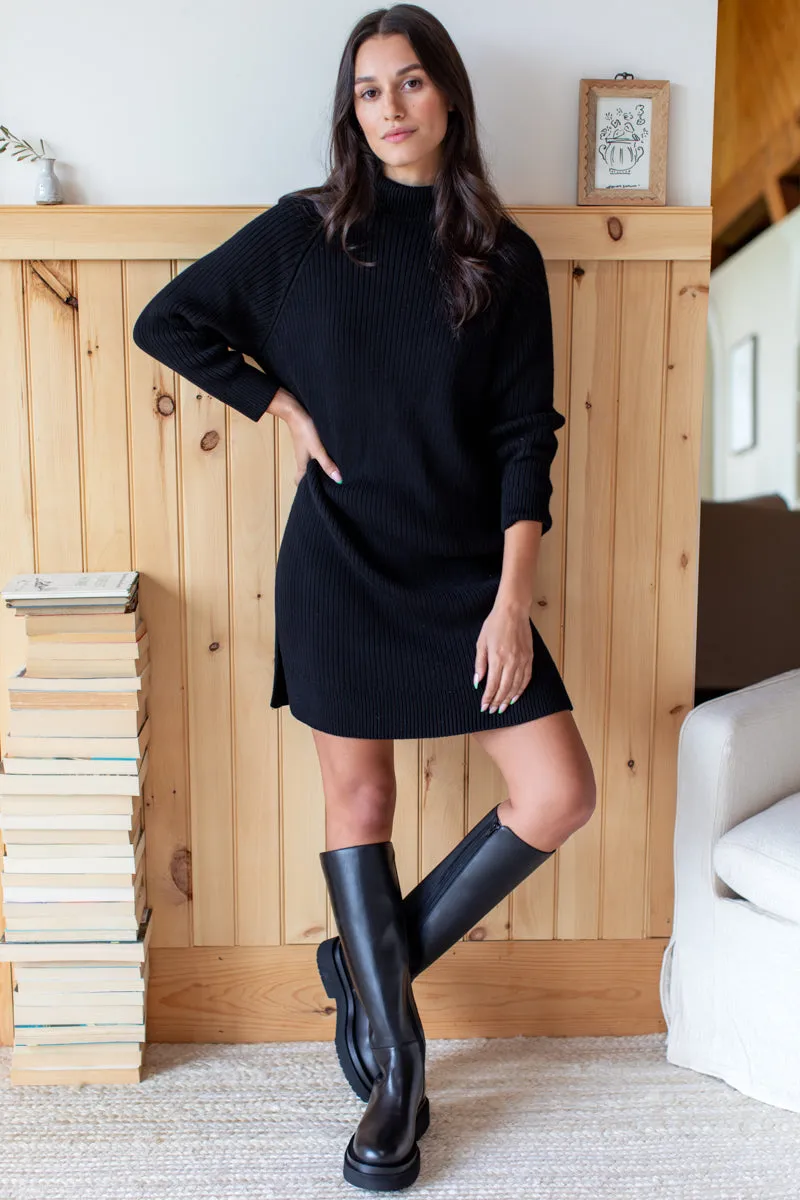 Rib Knit Sweater Dress - Black Organic