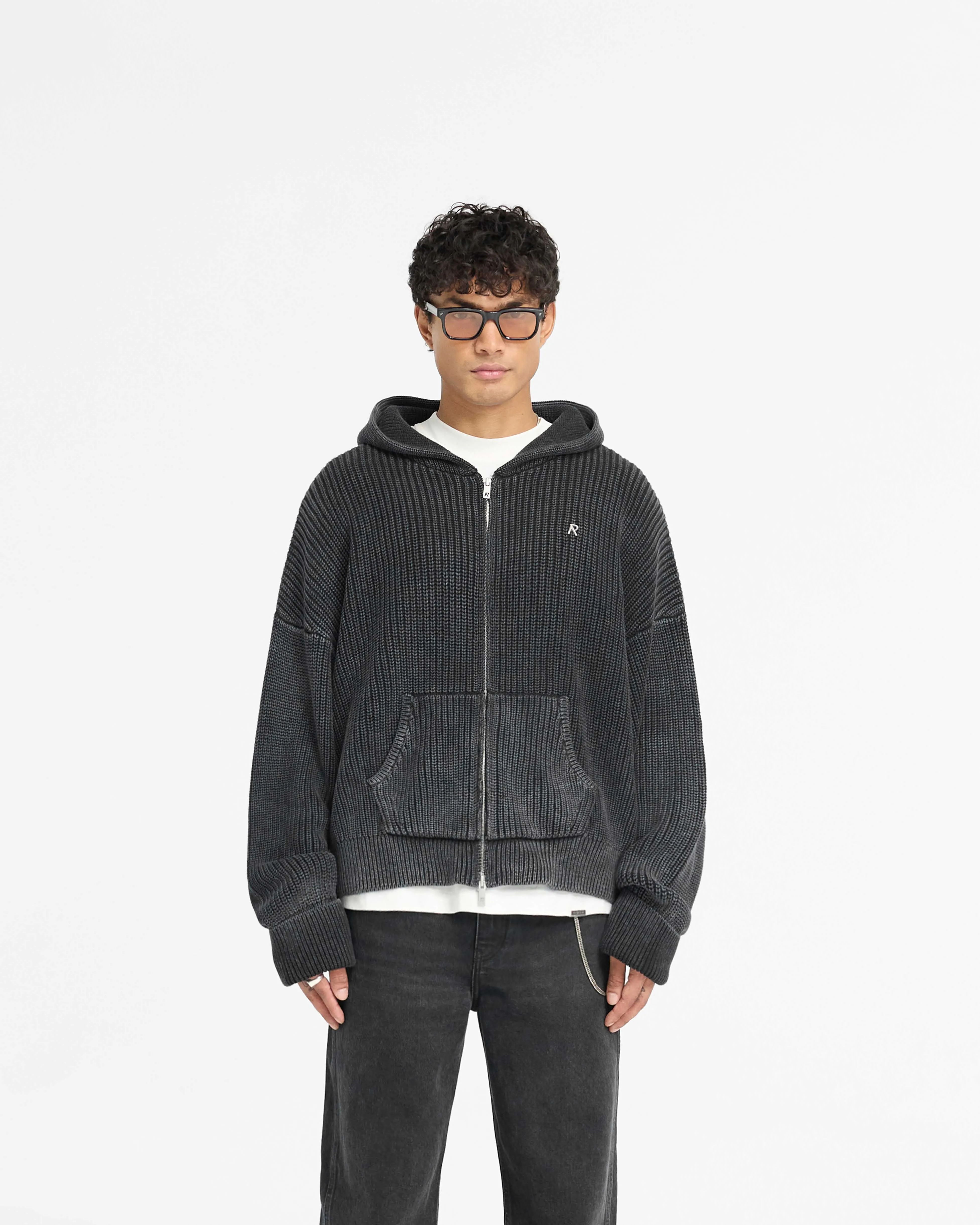 Ribbed Zip Through Hoodie - Jet Black