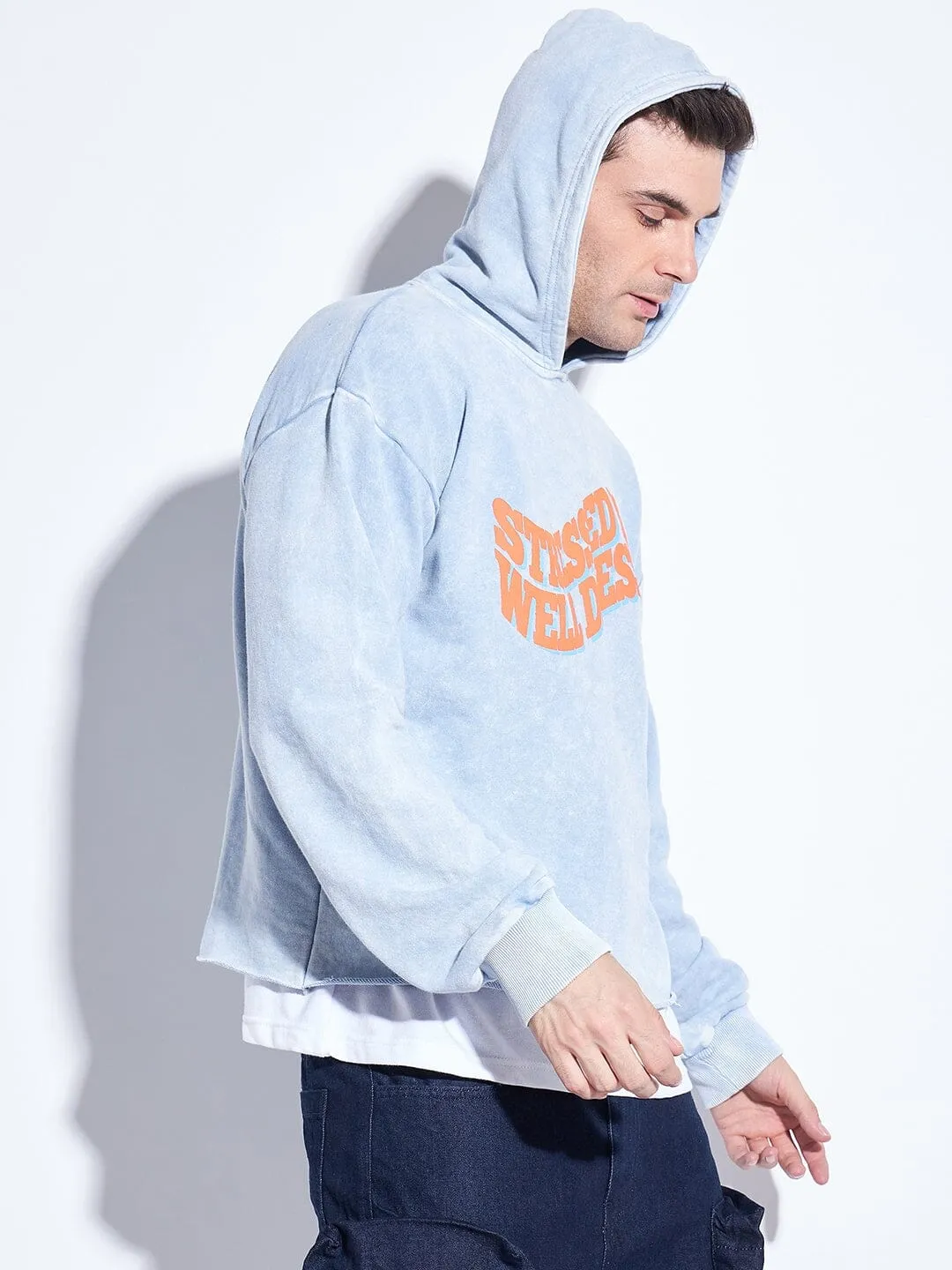 Sky Pigment Washed Graphic Cropped Hoodie