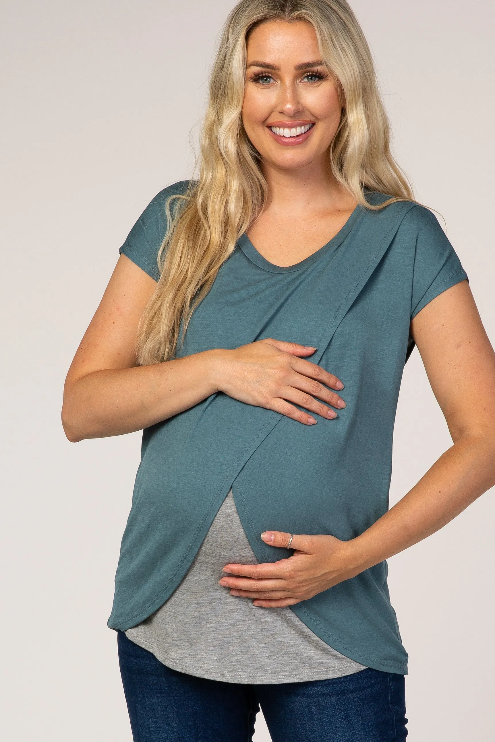 Slate Blue Layered Wrap Front Maternity/Nursing Top