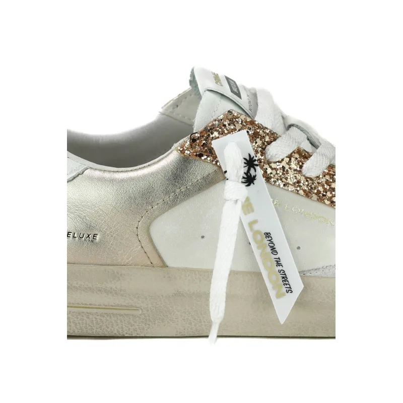 SNEAKERS DONNA PELLE DETTAGLI LAMINATO E GLITTER, BIANCO